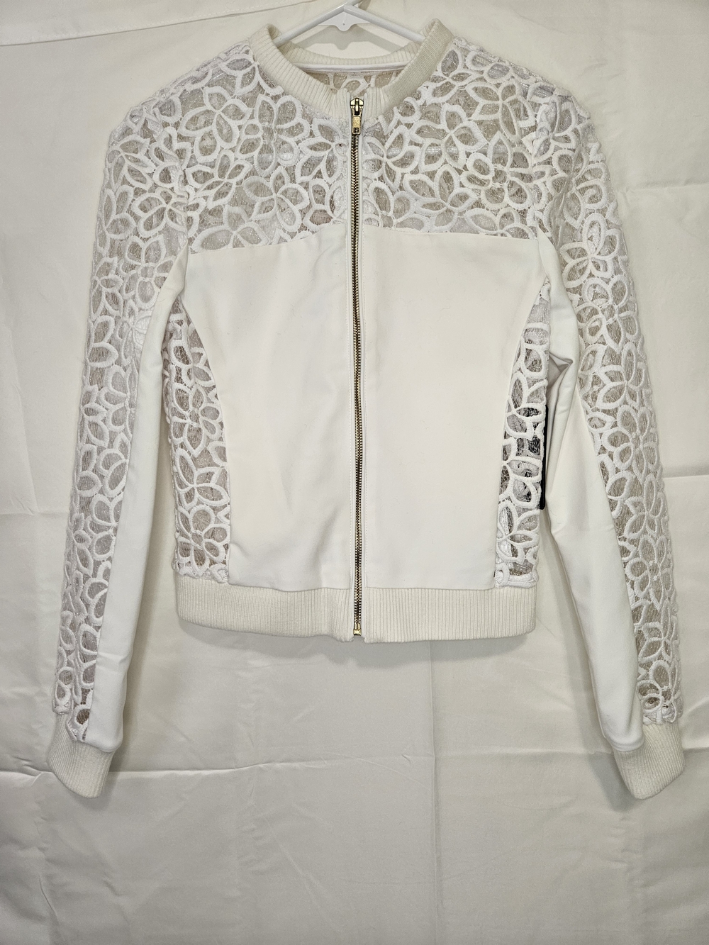 Guess White Lace Panel Floral Bomber Jacket XS